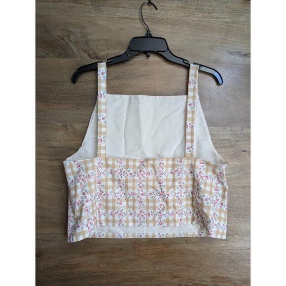 Sezane X Andion Tank Top Womens 10 Tan Gingham Vichy Floral Wide Strap Pullover - Picture 2 of 4